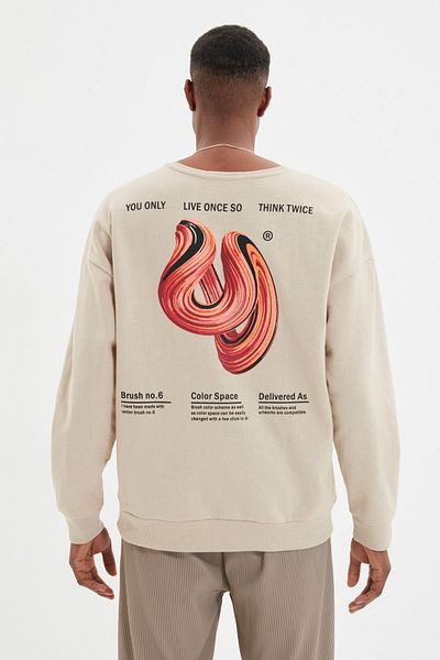 Trendyol Collection Beige Crew Neck Printed Oversize Sweatshirt - Long Sleeve Tmnaw22Sw0961