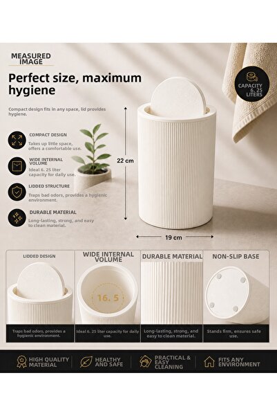 Kitchen Line Modern Striped Bathroom Trash Can (6.25 Liters) & Toilet Brush Set – Set of Two, Durable Plastic