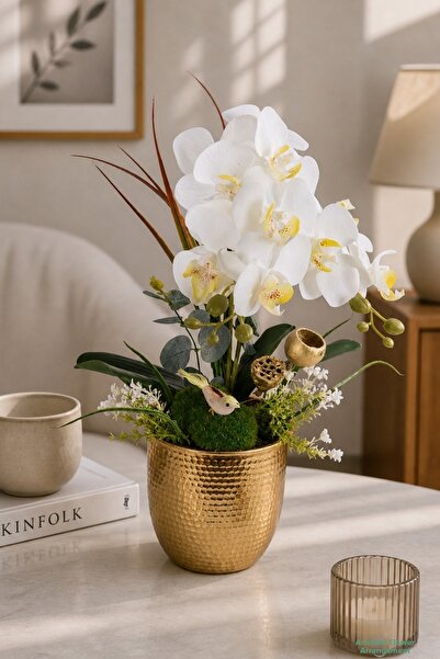 Yapay Çiçek Sitesi Premium 2-Branch Artificial Orchid Arrangement in Metal Po...