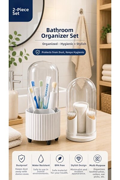 Blackstar Cotton Swab and Toothbrush Holder Organizer Set with Lid, White