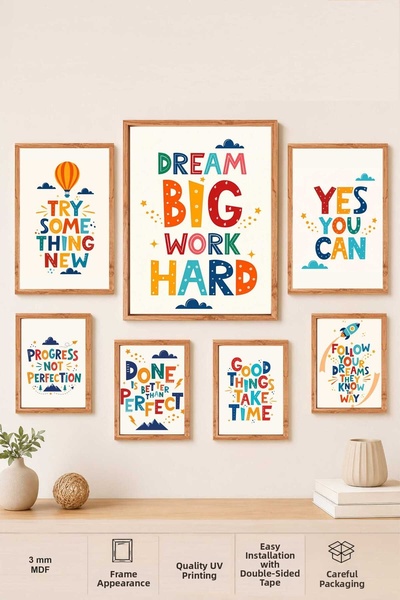 UNT Set de picturi MDF cu 7 piese, cu aspect de ramă tematică motivațională, ...