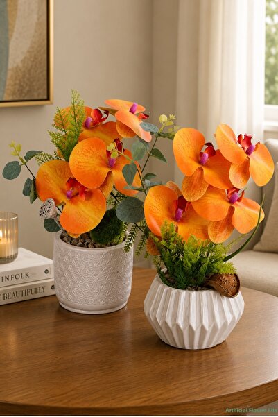 Yapay Çiçek Sitesi Artificial Orchid Arrangement in Silver Concrete Flower Po...