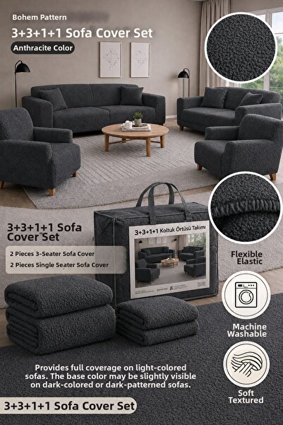 BTF HOME Bohemian Pattern Anthracite Elastic Sofa Cover 3+3+1+1 Set |   Flexi...