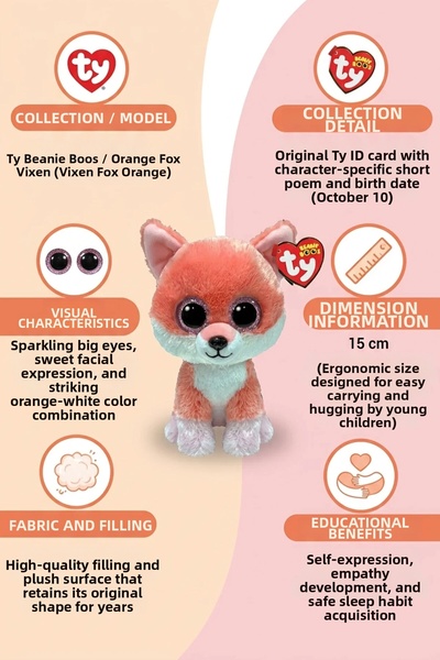 Feyza Oyuncak Ty Beanie Boos Orange Fox Vixen Plush Toy |   Silvery Shiny Eyed Animal Figure 15 cm |   Child over 3 Years Old