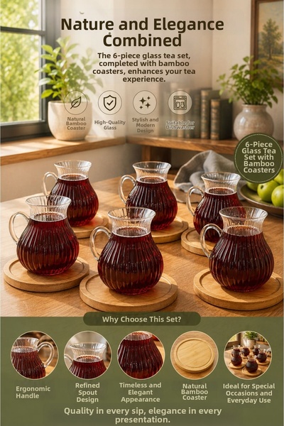 ENYAZA(2024) Set of 6 Glass Tea Cups with Bamboo Plates and Handles, Modern S...