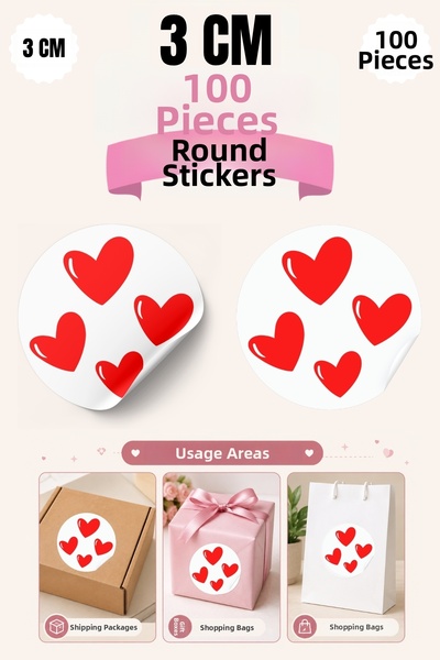 qoeuyl boutique Heart Printed 3 cm Round 100 Pieces Sticker Packaging Packagi...
