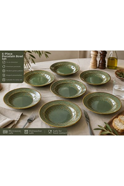 Bonnami 6 Pieces Sage Snell Gourmet Premium Porcelain Deep Plate 16 cm – Mode...