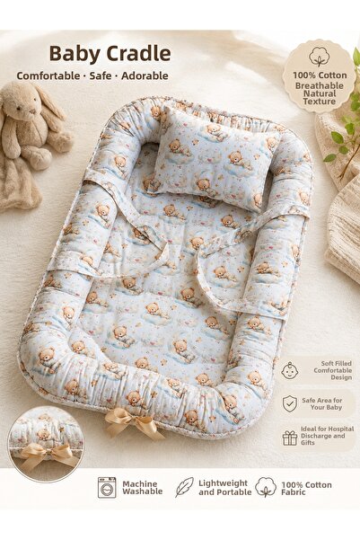 Luna Baby & Kids Teddy Bear Patterned Baby Nest Babynest 100% Cotton Washable...