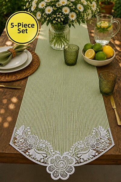 Lurji 5-Piece Green Gingham Runner and Coffee Serving Set – Stylish Table Set...