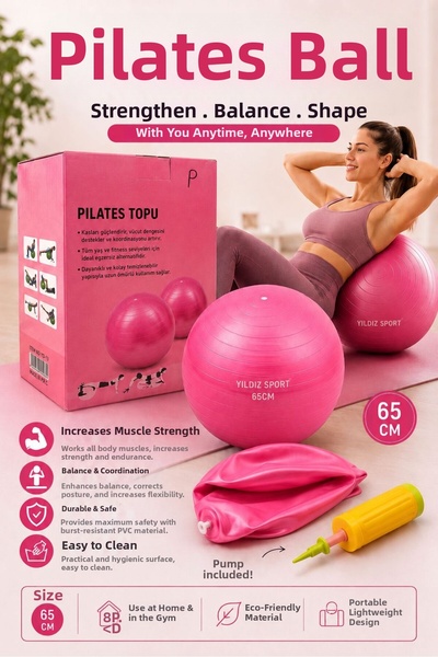 BuradaBuldun Pilates Ball 65 cm Pink + Hand Pump Gift Balance Exercise Ball F...