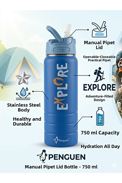 Lider MAGNESİA Steel Bottle 750 ml (304) with Manual Straw Lid Penguen