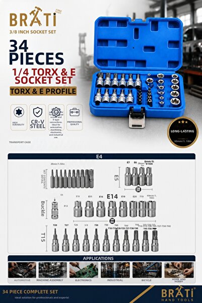 BRATİ HAND TOOLS 3/8 Inch Socket Set 34 Piece 1/4 Torx & E Socket Set