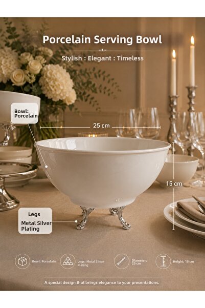 Sillage Home Footed Porcelain Presentation Bowl with Silver Detail – 25 cm St...