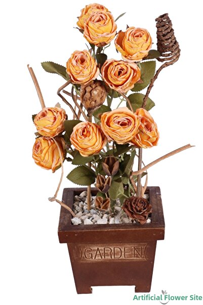 Yapay Çiçek Sitesi Realistic Artificial Rose Arrangement in Wooden Garden Pot...