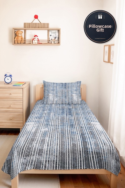 Evimde Bambaşka Blue Striped Modern Youth Room Single Pique Set-Grey Geometri...