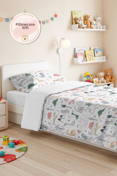 Evimde Bambaşka Dinosaur Pastel Children's Room Single Pique Set-Tropical Gre...