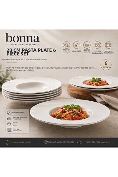 Bonnami طقم أطباق بونا بريميوم من البورسلين 6 قطع مقاس 28 سم للمعكرونة والريزوتو