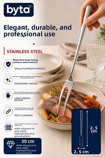 BYTA 30cm Stainless Steel Platinum Serving Fork Long Handle Professional Pres...