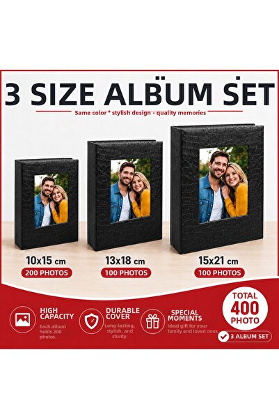 best hediye مجموعة ألبومات جلدية 3 أحجام - 10x15/13x18/15x21 - 400 قطعة