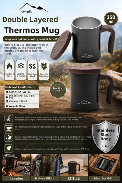 Rollino Thermos Mug with Lid Double Layer Stainless Steel 350ml Camping Cup