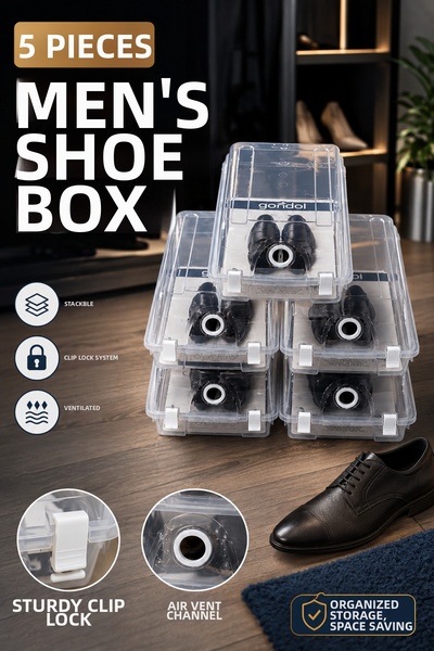 Funny Life Gondol 5-Piece Transparent Men's Shoe Box Organizer Stackable Stor...