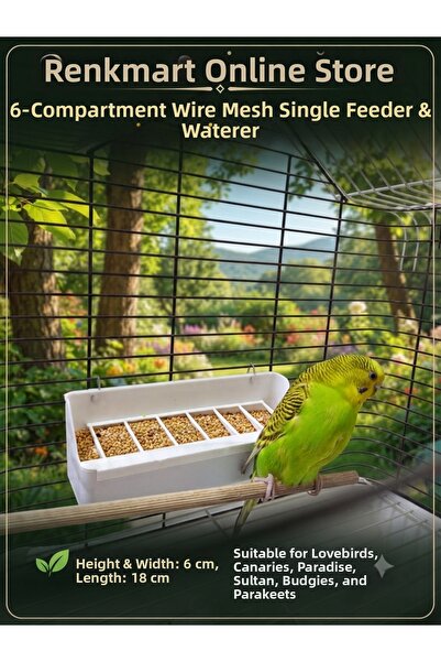 renkmar Single Feeder and Food Container with 6-Compartment Grid for Budgie P...