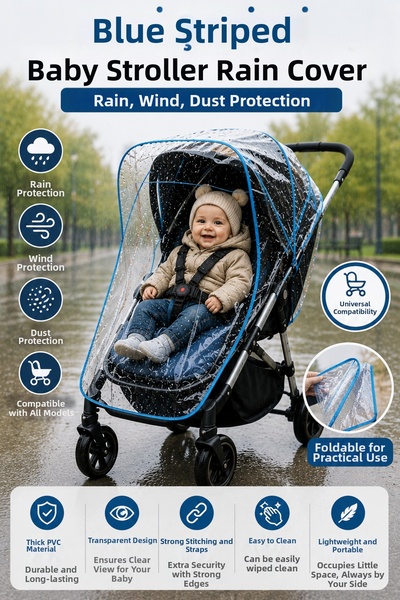 OpenCity Universal Baby Stroller Rain Cover with Blue Stripes Transparent Pvc...