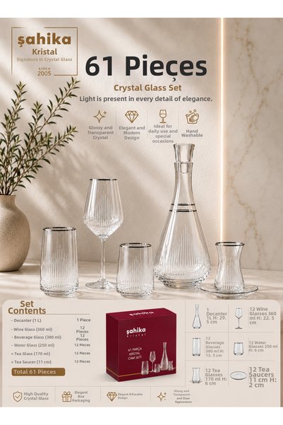 Şahika Kristal cama atılan imza 61 Piece Sapphire Platinum (Silver) 12-Person Cut Glass Cup Set Dowry Water Set Tableware Set