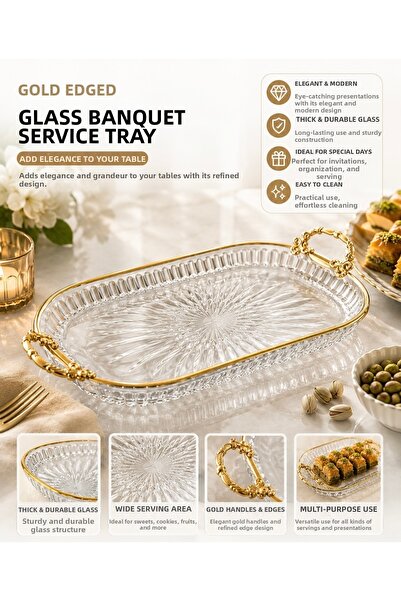 SELÇUK Luxury Gold Handled Glass Baton Serving Tray Presentation Stand