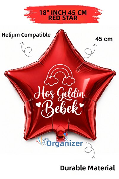 Organizasyon Pazarı 18 Inch Red Star Foil Balloon |   Welcome Baby Rainbow Pr...