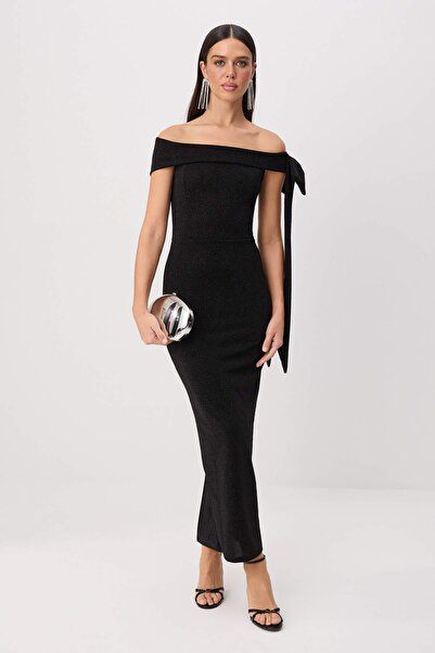 Trendyol Kollektion Schwarzes, glitzerndes, trägerloses Abendkleid mit Schnür...