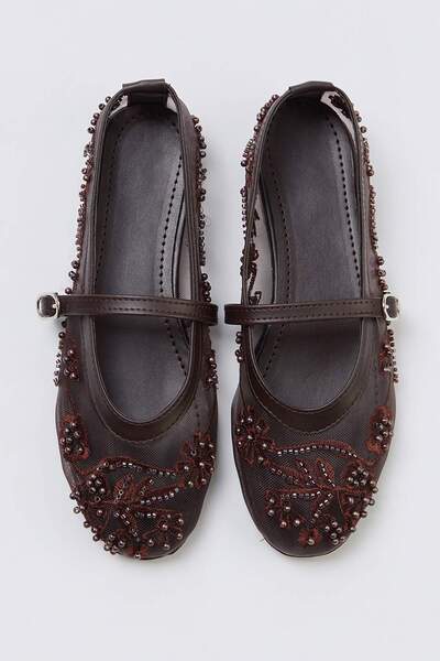TRENDYOL SHOES Brown Beaded Detailed Women's Mary Jane Ballerinas Takss26Be00035