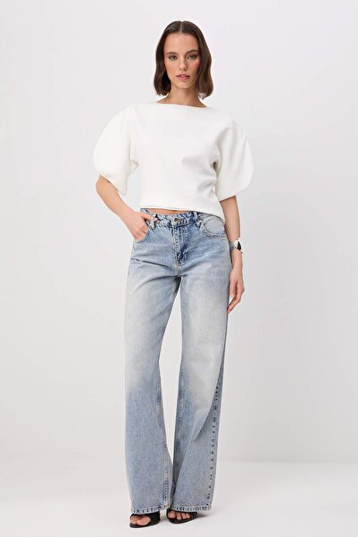 Trendyol Collection Light Blue Regular Waist 100% Cotton Wide Leg Wide Leg Je...