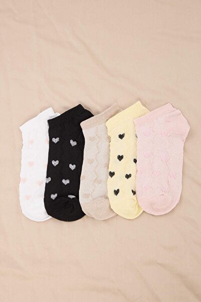 Trendyol Collection Șosete tricotate jacquard brodate, 5 piese, ecru-roz-galb...