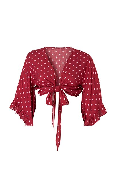 Trendyol Curve Beachwear Cherry Polka Dot Patterned Crop Sleeve Ruffle Flounc...