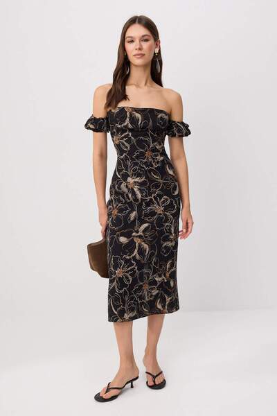 Trendyol Collection Rochie midi neagră cu imprimeu floral TWOSS26EL00841
