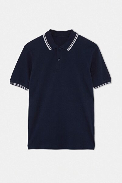 Trendyolmilla Man Lacivert Regular Pike Esnek Kumaş Triko Bantlı Polo Yaka T-shirt TMNSS26PO00052