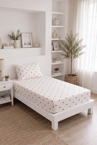 TRENDYOLMİLLA HOME Σετ σεντόνια για μονό κρεβάτι με σχέδιο καρδιάς 100*200 TP...