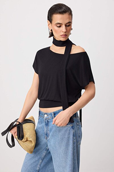 Trendyol Collection Black Striped Regular Fit Boat Neck Belted Soft Knitted B...