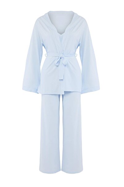 Trendyol Collection Light Blue Plain Viscose Single Jersey Knitted Pajamas Se...
