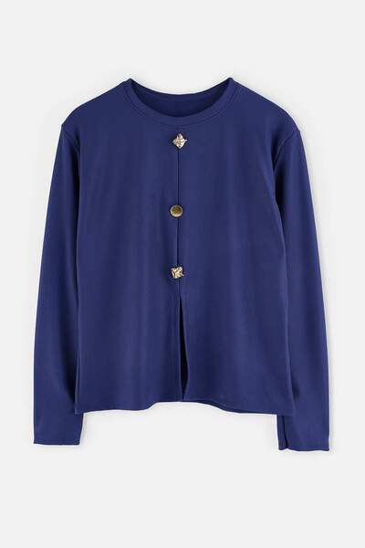 Trendyol Curve Navy Blue Accessory Buttoned Long Sleeve Ribbed Knitted Oversi...