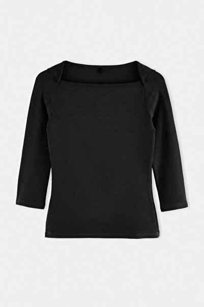 Trendyol Collection Bluză tricotată neagră, simplă, cu decolteu bărcuță, mâne...