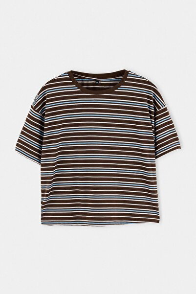 Trendyol Curve Tricou maro cu dungi, supradimensionat/larg, cu mânecă scurtă,...