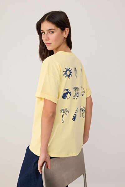 Trendyol Collection Light Yellow Slogan Oversize Crew Neck Back Printed Long ...