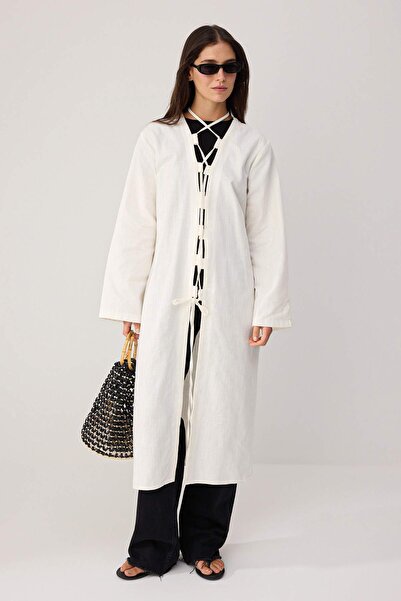 Trendyol Modest كيمونو منسوج بمظهر الكتان باللون البيج TCTSS26KK00002