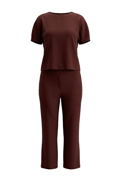 Trendyol Curve Brown Woven Plus Size Top and Bottom Set