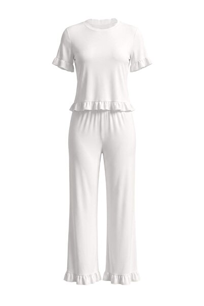 Trendyol Collection Ecru Chiffon Ruffled Ribbed Viscose Knitted Pajama Set Th...