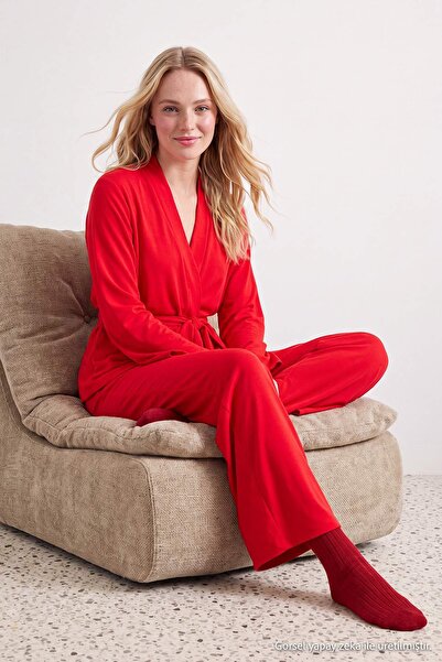 Trendyol Collection Red Belted Double Breasted Collar Knitted Pajama Set Thma...