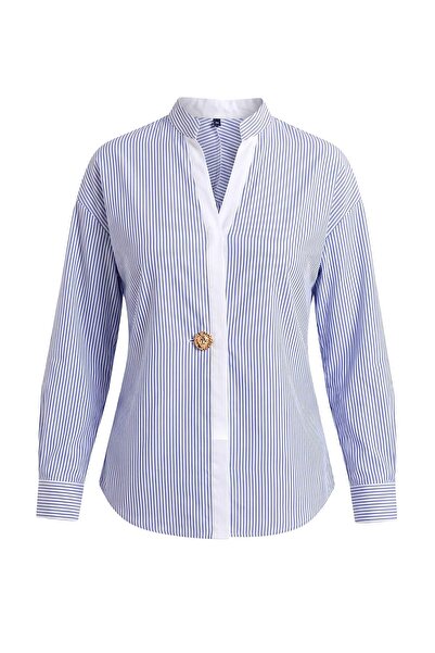 Trendyol Modest Blue Oversize Striped Woven Shirt Tctaw27Tg00010