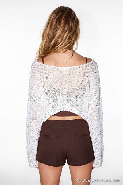 Drop by TrendyolMilla White Wide Collar Crop Mesh Sequined Long Sleeve Knitwe...